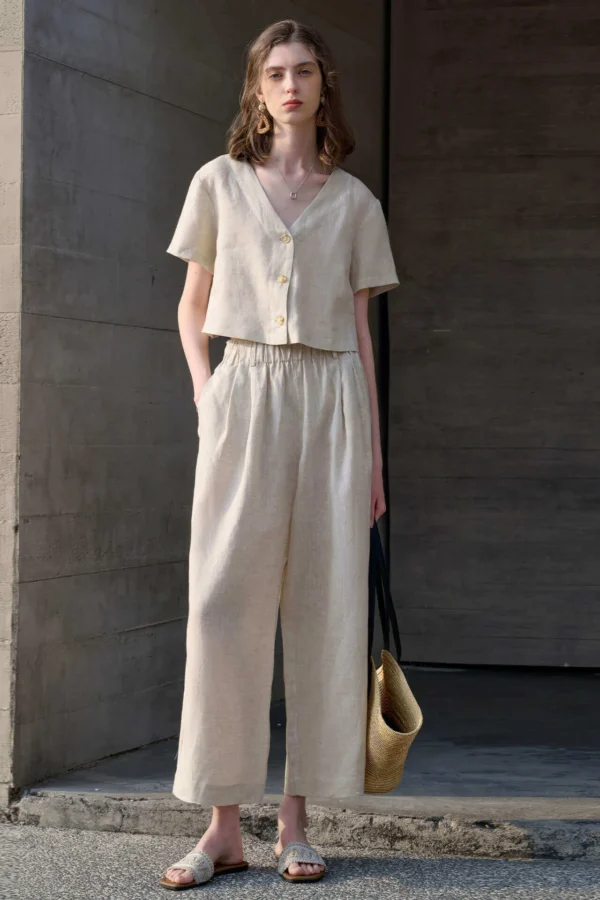 French Riviera Breathable Linen V Neck Cropped Short Sleeve Blouse
