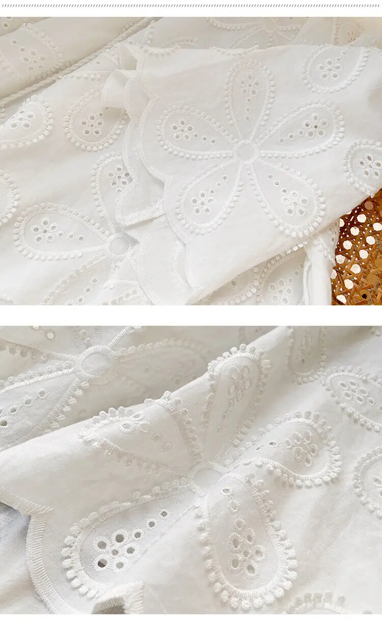 Cotton Embroidered Eyelet Tassel Loose Midi Dress 3/4 Sleeve Boho