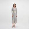 Skin-Friendly Cooling Elegant Floral Striped Knit Midi Dress V Neck Long Sleeve High Waisted A Line