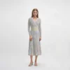 Skin-Friendly Cooling Elegant Floral Striped Knit Midi Dress V Neck Long Sleeve High Waisted A Line