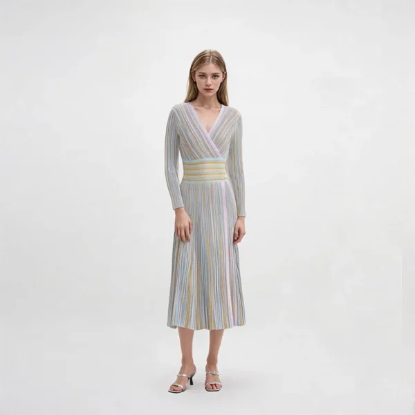 Skin-Friendly Cooling Elegant Floral Striped Knit Midi Dress V Neck Long Sleeve High Waisted A Line