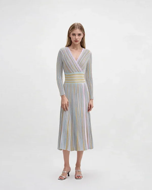 Skin-Friendly Cooling Elegant Floral Striped Knit Midi Dress V Neck Long Sleeve High Waisted A Line