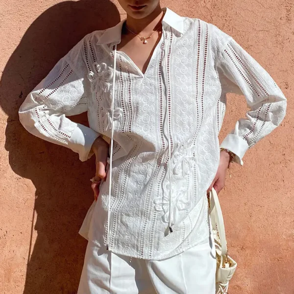 French Riviera Cotton Broderie Anglaise Long Sleeve Shirt