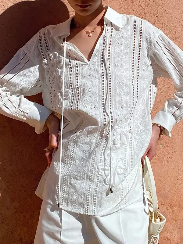 French Riviera Cotton Broderie Anglaise Long Sleeve Shirt