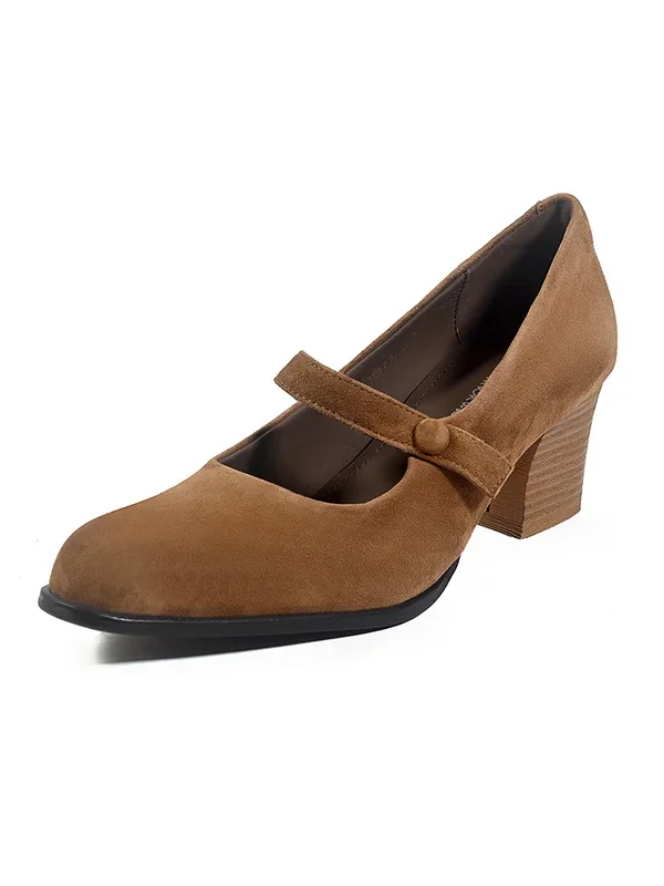 Women's Round Toe Thick Heel Medium Heel Sheepskin Mary Jane Dress Shoes
