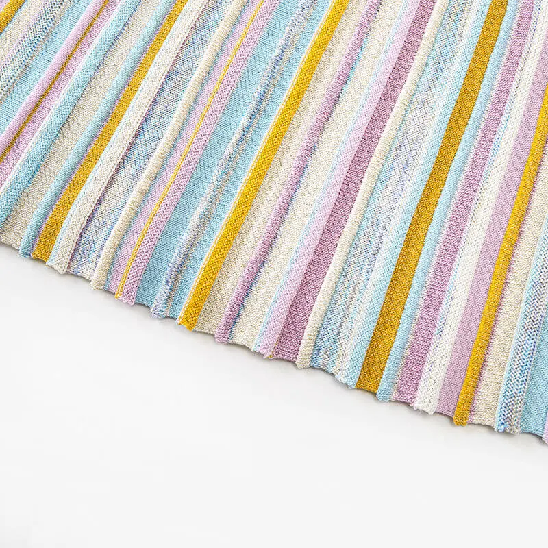 Skin-Friendly Cooling Elegant Floral Striped Knit Midi Dress V Neck Long Sleeve High Waisted A Line