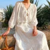 Bohemian Cotton Embroidered Floral V-neck 3/4 Hollow Out Top Midi Skirt