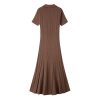 Dark Brown Collared Short Sleeve Knit Midi Dress Elegant Work Casual