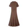 Dark Brown Collared Short Sleeve Knit Midi Dress Elegant Work Casual