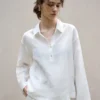 Minimalist Breathable Linen Loose Long Sleeve Polo Blouse