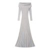 Elegant Off-Shoulder Long Sleeve Striped Color-Block Midi Knit Dress Skin-Friendly Cooling