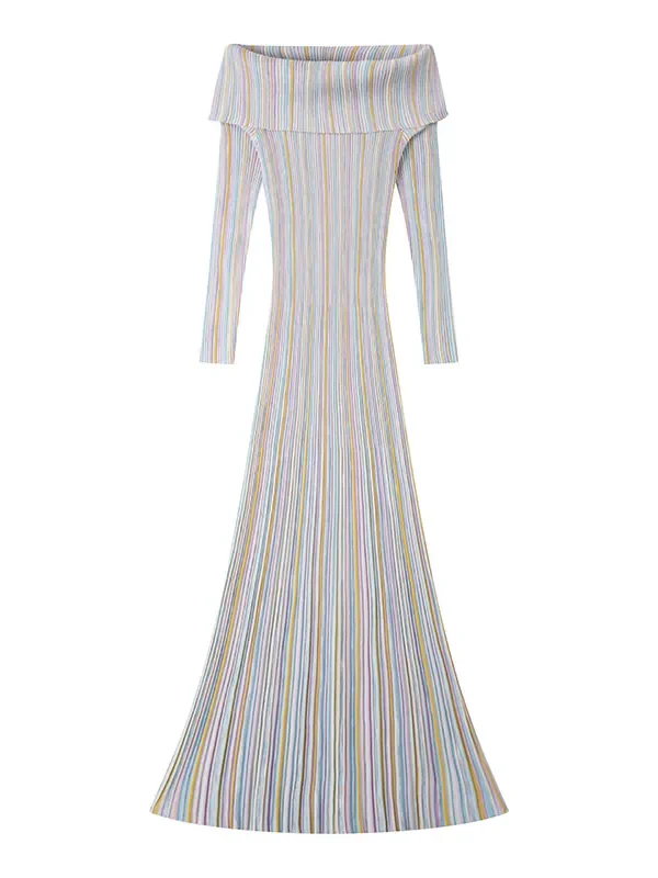 Elegant Off-Shoulder Long Sleeve Striped Color-Block Midi Knit Dress Skin-Friendly Cooling