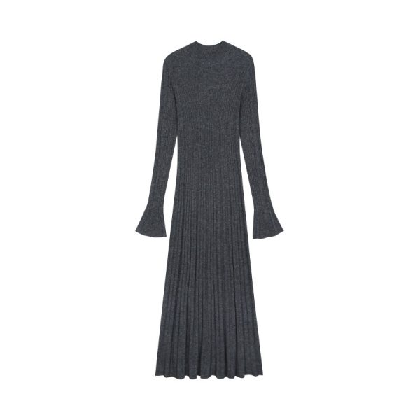 Chic Turtleneck Long Sleeve Wool Knit Midi A-Line Dress Wrinkle-Free