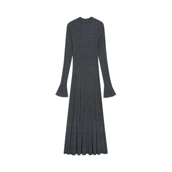 Chic Turtleneck Long Sleeve Wool Knit Midi A-Line Dress Wrinkle-Free