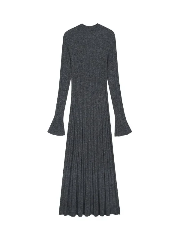 Chic Turtleneck Long Sleeve Wool Knit Midi A-Line Dress Wrinkle-Free