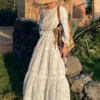 Women's Cotton Floral Embroidery Lace Ruffle Puff 3/4 Sleeve Top Skirt Set