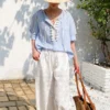 Women's Resort Striped Linen Mix Short Sleeve Loose V Neck Shirt Lace Tassel
