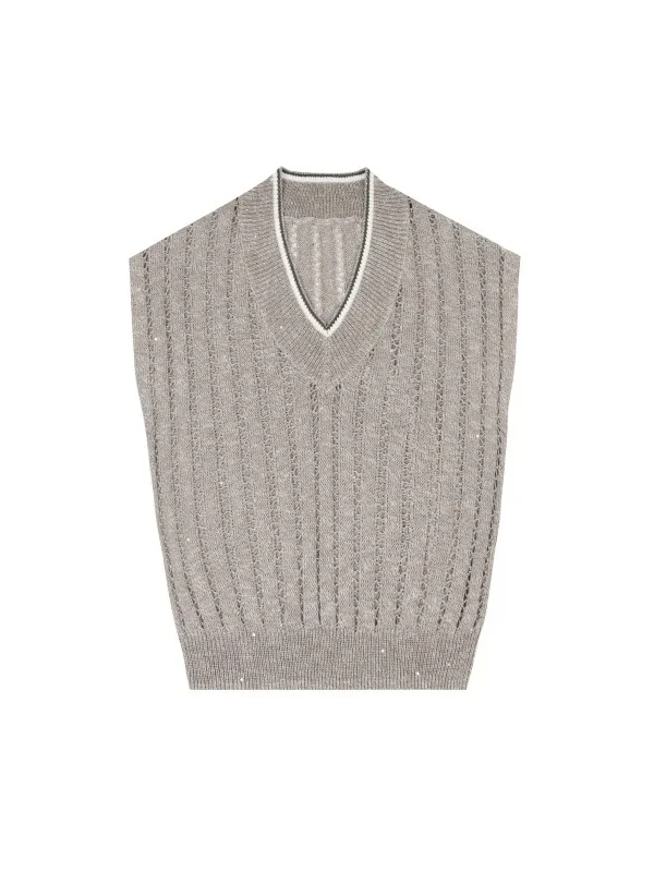 Timeless Linen Cotton Pointelle Knit V Neck Sleeveless Vest