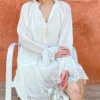 French Tencel Linen Dress Long Puff Sleeve V-Neck Midi Loose