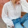 French Cotton Blouse Women Long Sleeve V Neck Loose Lace Embroidery Hollow Top