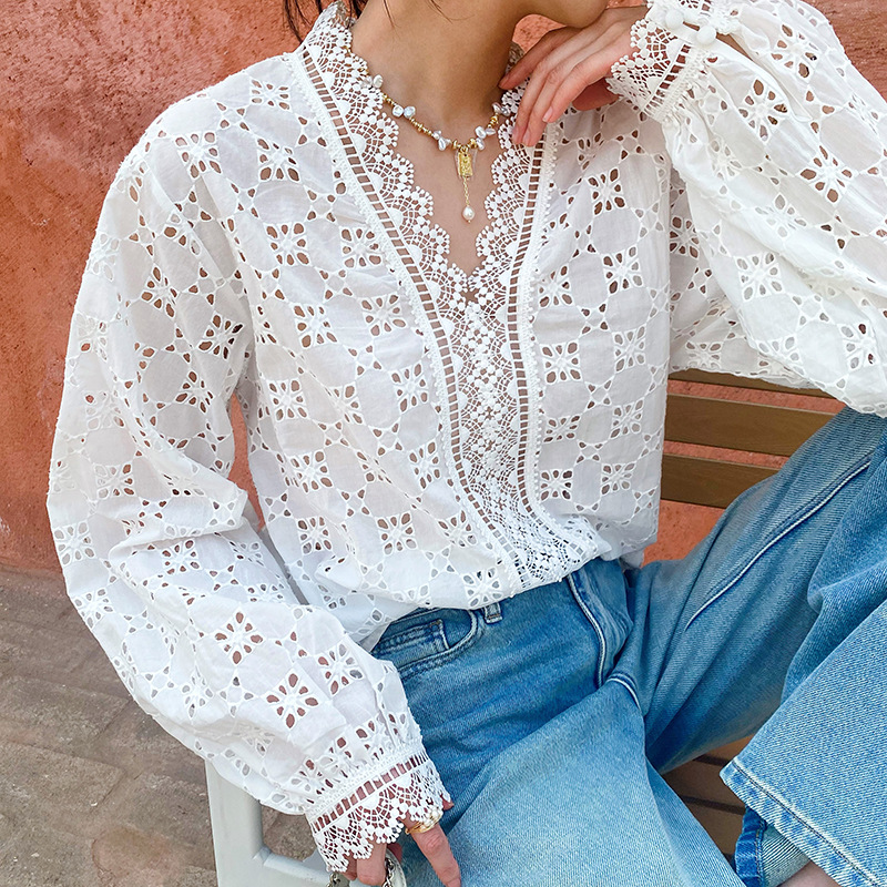 French Cotton Blouse Women Long Sleeve V Neck Loose Lace Embroidery Hollow Top