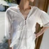 French Riviera Embroidered Cotton Blend Tie Front Blouse
