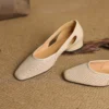Women's Square Toe Perforated Block Heel Shoes Sheepskin Sandal