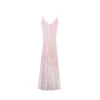 Elegant Women Striped Lurex Tencel Knit Midi Slip Dress Skin-Friendly Cooling V Neck A Line
