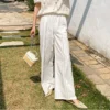 French Riviera Breathable Cotton Linen Ladder Stitch Wide Leg Trousers