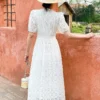 French Riviera Broderie Anglaise Cotton Puff Sleeve Midi Dress