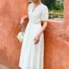 French Riviera Broderie Anglaise Cotton Puff Sleeve Midi Dress