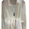 Women's Shimmer Sheer Long Sleeve Loose Polo Collar Patchwork Blouse