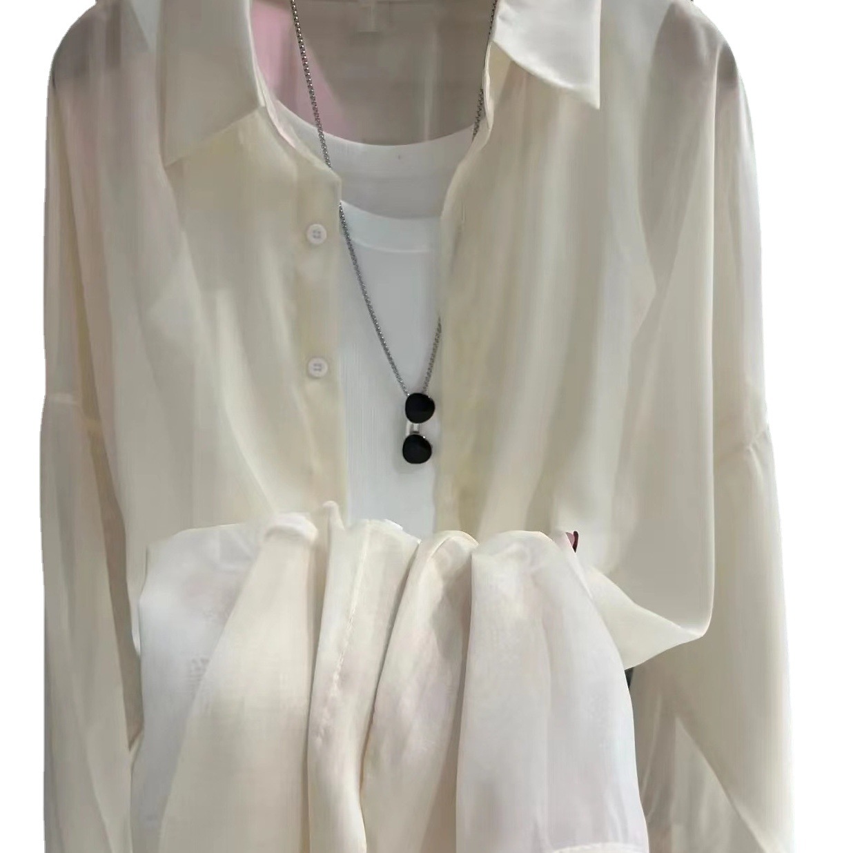 Women's Shimmer Sheer Long Sleeve Loose Polo Collar Patchwork Blouse