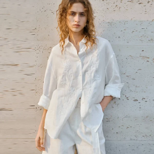 Timeless Breathable Pure Linen Floral Embroidery Long Sleeve Shirt