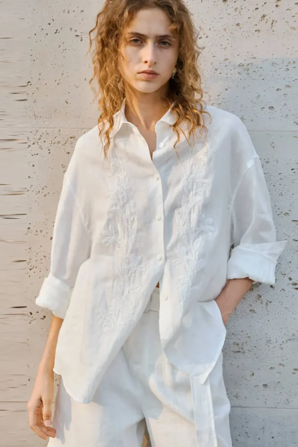 Timeless Breathable Pure Linen Floral Embroidery Long Sleeve Shirt