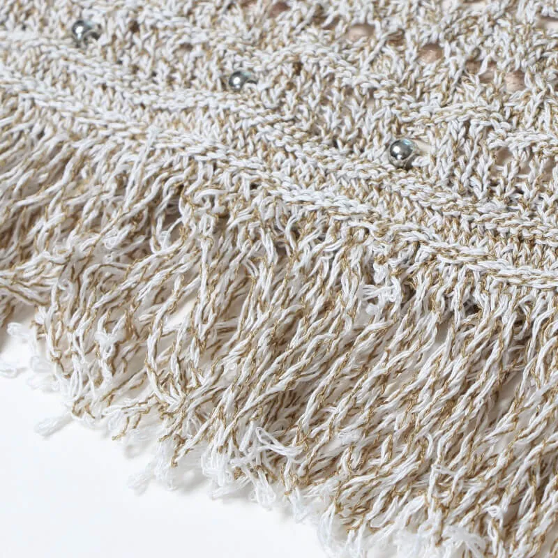 Elegant Khaki A Line Sleeveless Hollow Out Knit Tassel Midi Beach Dress