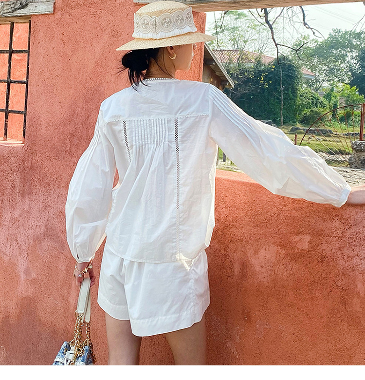 Women's French White Cotton Pleated Long Sleeve Shirt