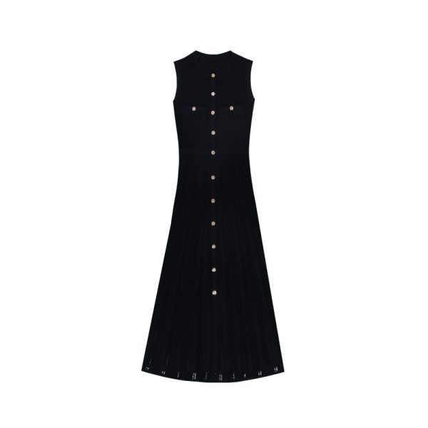Elegant Sleeveless Knit Midi Dress Cut Out Button High Waist