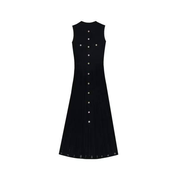 Elegant Sleeveless Knit Midi Dress Cut Out Button High Waist