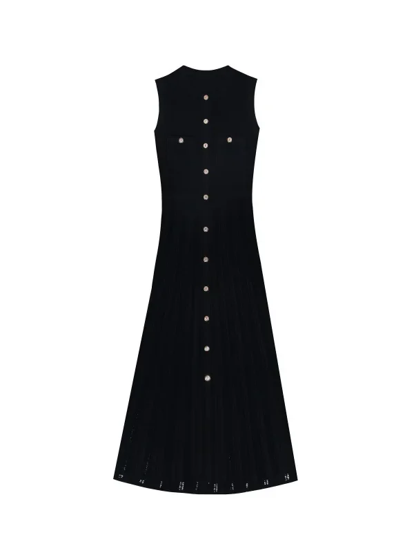 Elegant Sleeveless Knit Midi Dress Cut Out Button High Waist