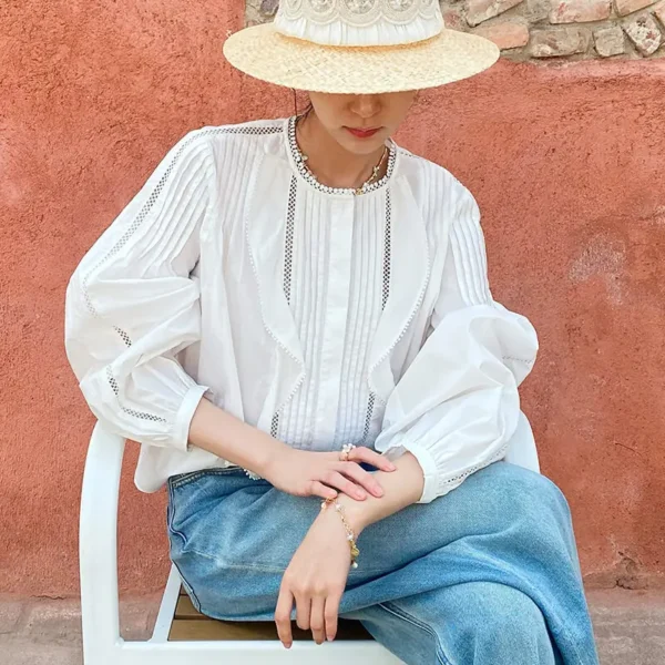 Women's French White Cotton Pleated Long Sleeve Shirt