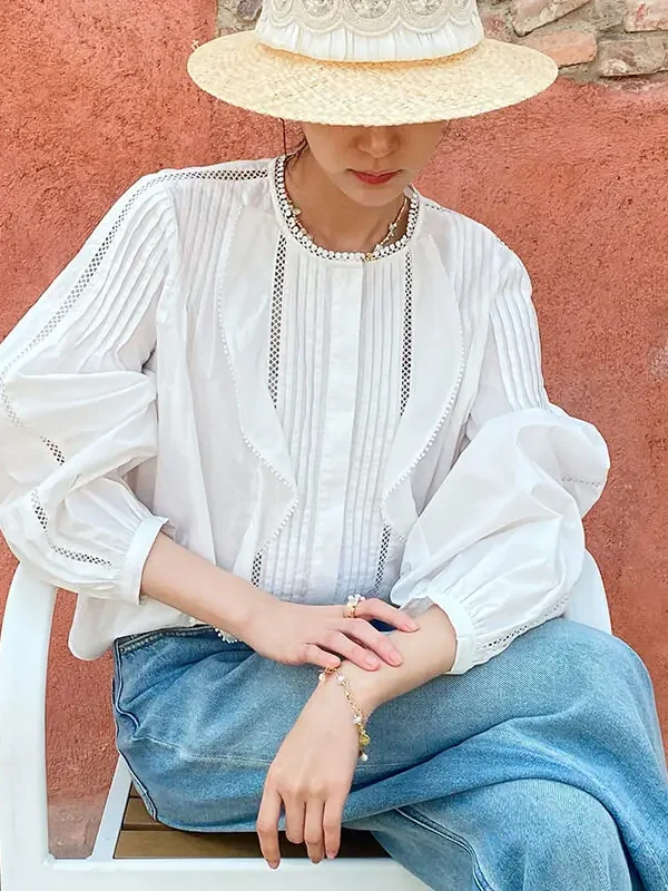 Women's French White Cotton Pleated Long Sleeve Shirt