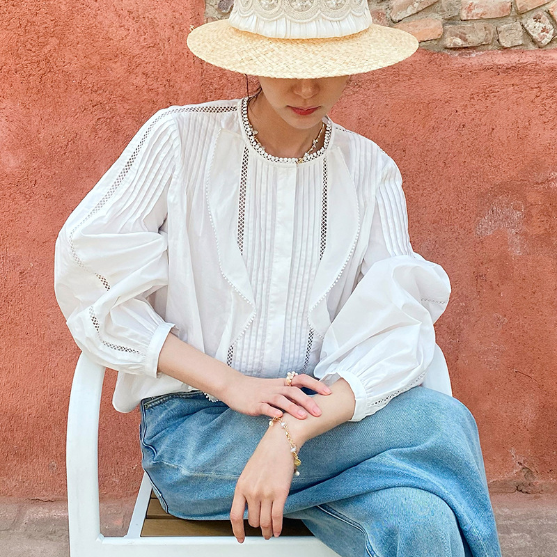 Women's French White Cotton Pleated Long Sleeve Shirt