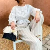Women's Cotton Floral Embroidery Lace Ruffle Puff 3/4 Sleeve Top Skirt Set