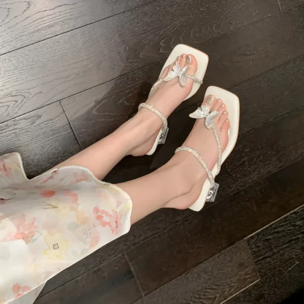 Butterfly Rhinestone Square Toe Women Sandals Heel Sheepskin Insole Rhinestone Surface