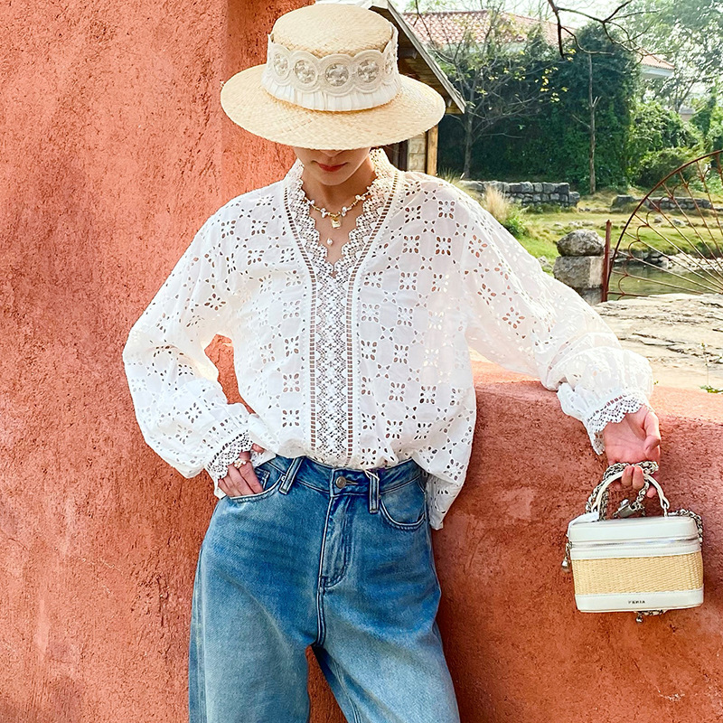 French Cotton Blouse Women Long Sleeve V Neck Loose Lace Embroidery Hollow Top