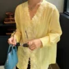 French Women's Long Sleeve V-Neck Solid Shirt Lace Patchwork Linen Tencel