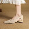 Women's Square Toe Perforated Block Heel Shoes Sheepskin Sandal