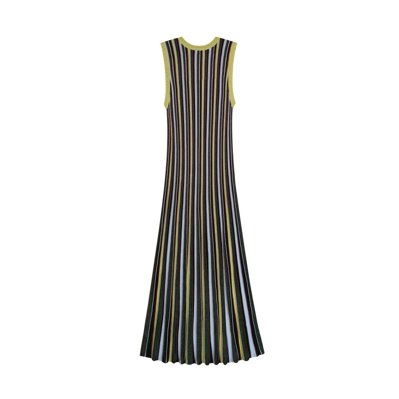 Skin-Friendly Cooling Womens Elegant Metallic Striped Sleeveless Knit High Waist Midi Dress