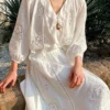 Bohemian Cotton Embroidered Floral V-neck 3/4 Hollow Out Top Midi Skirt